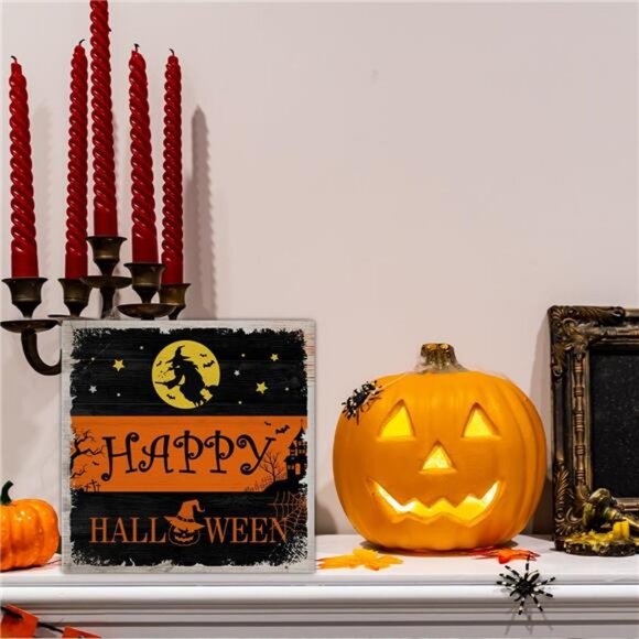 Witch Decor Halloween Wood Sign Happy Halloween Decorations Table Desk 5x5 Inch - Picture 2 of 8